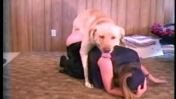 Shaggy dog satisfies plump buttocks of a seasoned woman with intense intercourse
