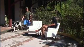 Latina chick blows the dog's cock in front of her husband