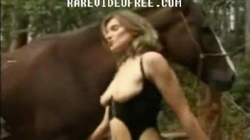 Sexy women in outdoor scenes trying the horse dick on cam