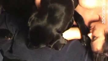 Tattooed dark-haired woman demonstrating her blowjob abilities with a canine