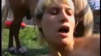 Yelling mature woman takes massive horse dick deep inside her narrow snatch