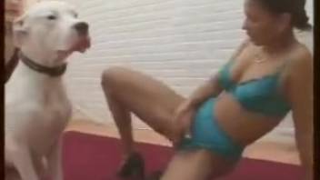 Big-titted MILF takes dog dick in her mouth and cunt