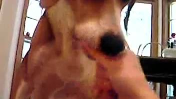 Guy jerks off wildly right in his dog's face