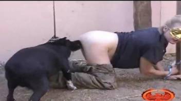 Blonde in a mask fucks a really horny black dog
