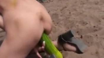 Huge zucchini ruining her pussy during zoo oral