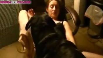 Stockings-wearing lady enjoying hardcore sex with a dog
