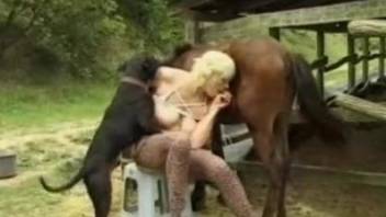 Busty blonde wife in full scenes of outdoor zoophilia