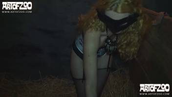 Naughty vixen in erotic underwear, at-home bestiality session with her canine