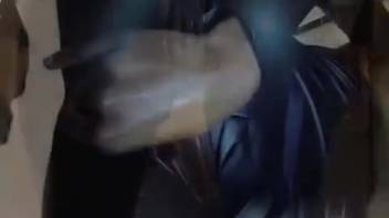 Gorgeous babe in leather trousers getting fucked by a perverted pup