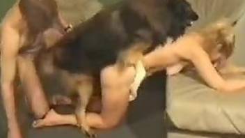 Busty blonde gets pounded by a dog in front of her cuck