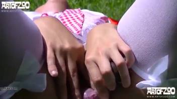 Young student fingers herself before handling the dog's cock