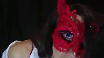 Red mask hottie sucking cock and being pretty nasty