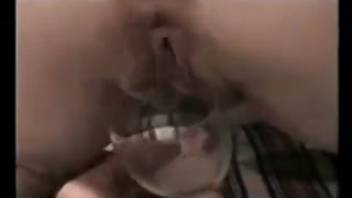 Bushy lady takes massive canine length deep into her snatch