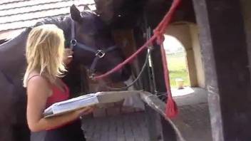 Blonde in a sexy outfit finds a perfect horse cock