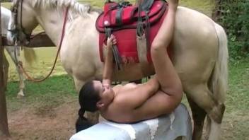 Sexy nude wife in private scenes of horse porn when home alone